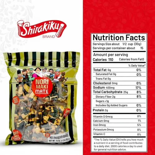 Miniatura 2 de Shirakiku Norimaki Arare Mate - Galletas crujientes de arroz japonés Arroz glutinoso, salsa de soja y algas marinas Snacks de galletas de arroz