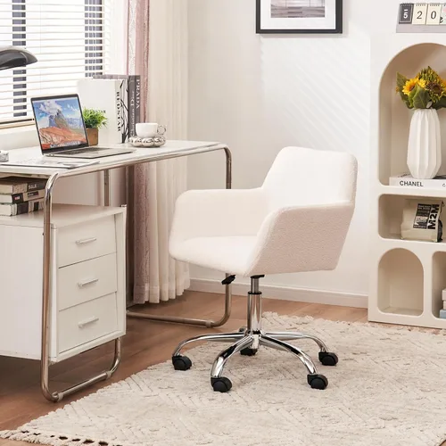 Miniatura 8 de Silla moderna de piel sintética para oficina en casa, silla tapizada de piel sintética, bonita silla de escritorio peluda blanca con ruedas y base