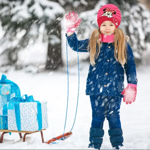 Miniatura 5 de Minnie Mouse - Gorro de invierno para niños guantes de nieve y bufanda para niñas y niños pequeños juego de 3 piezas lindo gorro con lazo a lunares