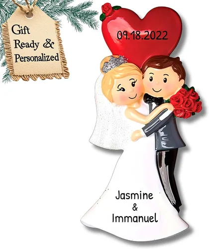 Miniatura 10 de Adorno personalizado de casado de nuestra primera Navidad 2025 Nombre y año personalizados Recuerdo de boda rubia de novia y novio morena Boda