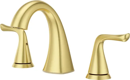 Grifo Pfister Willa para lavabo de baño, 8 pulgadas de separación amplia, 2 manijas, 3 orificios, certificado NSF, acabado dorado cepillado, Oro