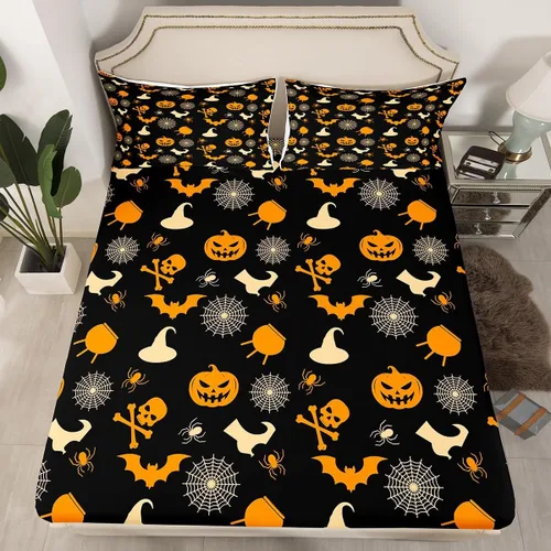 Miniatura 25 de Juego de sábanas bajeras con bonito diseño de gato negro para niños y niñas, diseño de dibujos animados de Halloween, gato, animales, sábanas