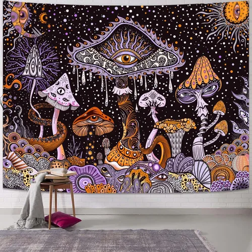 Miniatura 14 de Yeoiat Tapiz de flores cósmicas, tapiz de hongo, paisaje en pared, noche estrellada, arte botánico visionario, decoración para recámara