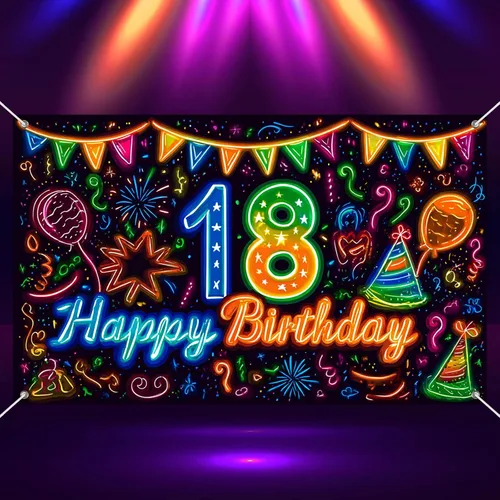 Miniatura 12 de HOMETITUTE Cartel de feliz cumpleaños de 71 x 43 pulgadas con luz negra fluorescente para decoración de fondo de fiesta, controlador de juego azul