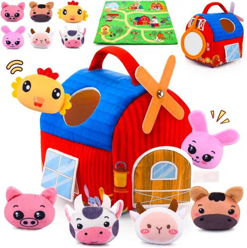 Juguetes para bebés de 6 a 12 meses - Granja suave con animales de granja de peluche, sonajeros, texturas, espejo, alfombrilla de juego - Juguetes