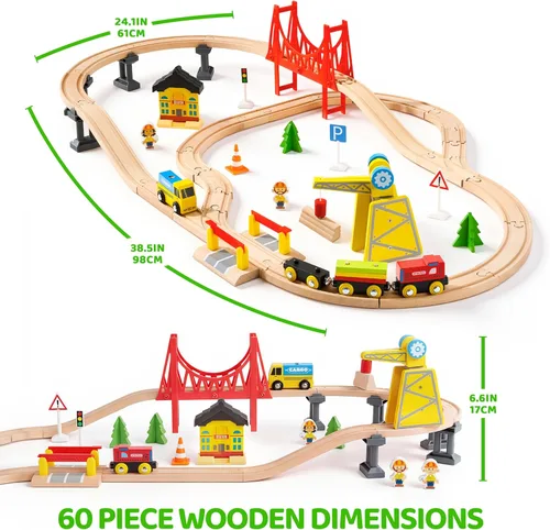 Miniatura 9 de Juego de trenes de madera de 60 piezas, trenes magnéticos de juguete con pista de madera para niños de 3 a 8 años, juego de tren de grúa