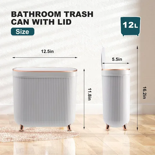 Miniatura 2 de Supteron Basurero de baño con tapa de 3.2 galones, pequeño cubo de basura de plástico rectangular de 12 litros con tapa tipo prensa para dormitorio
