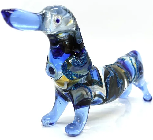Miniatura 6 de Figuras en miniatura de perro salchicha soplado a mano, arte de animales coleccionables, regalo para decoración del hogar (4 pulgadas, azul negro)