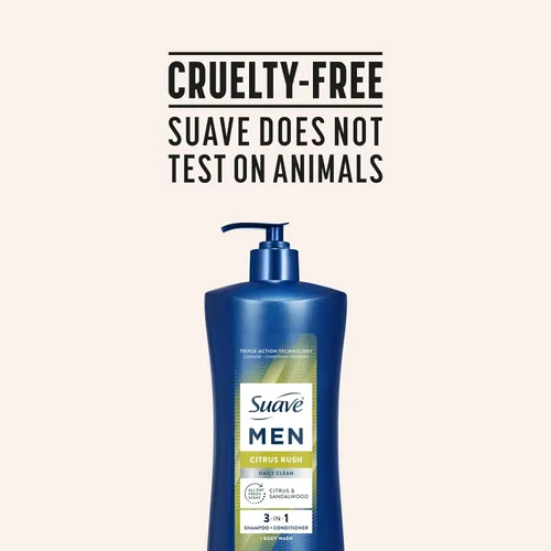 Miniatura 9 de Suave Men Citrus Rush Daily Clean 3 en 1 champú, acondicionador y gel de baño con glicerina y queratina hidrata y suaviza el cabello, aroma cítrico