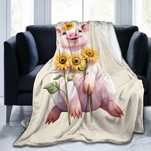 Miniatura 4 de Manta Linda con Diseño de Cerdito y Girasol, Regalos para Adultos y Niños, Manta de Franela de Dibujos Animados, Cerdito y Lechón, Suave, Cómoda