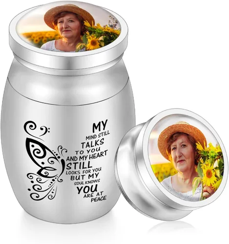 Miniatura 13 de Dletay Urnas pequeñas para cenizas humanas, recuerdo de 1.6 pulgadas, de acero inoxidable, mini urna conmemorativa de mariposa para mujeres y hombres