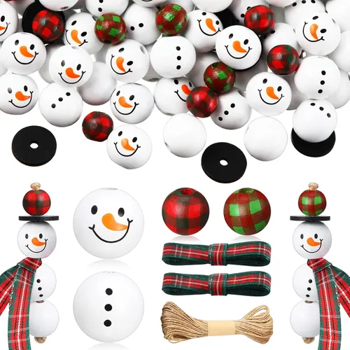 Miniatura 8 de 180 cuentas de madera de muñeco de nieve de Navidad, cuentas de madera de invierno, cuentas redondas de madera de búfalo de Navidad, cuentas