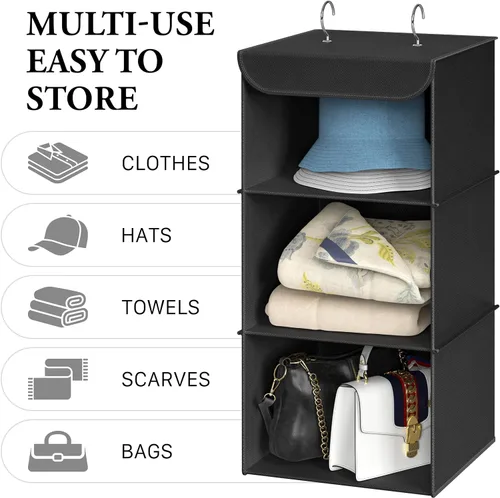 Miniatura 5 de Simple Houseware Organizador de armario colgante de 3 estantes, estantes de almacenamiento de tela con capacidad de 57 litros, color negro