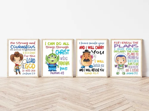 Miniatura 7 de Toy Story - Juego de 4 impresiones de acuarela cristiana sin marco, Woody, Buzz Lightyear, Mr. Potato Head y Alien con versos de la Biblia