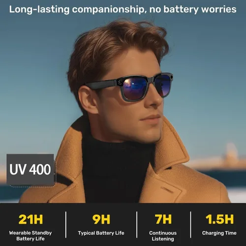 Miniatura 6 de Lentes inteligentes con cámara, gafas de video HD 1080P, gafas de sol de protección UV con traducción AI en tiempo real, audio Bluetooth, sonido