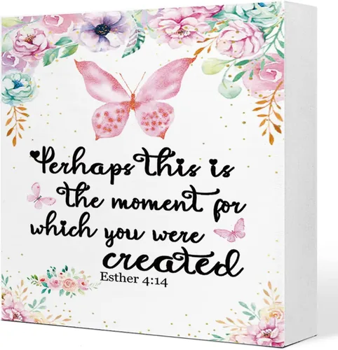 Letrero de madera con texto en inglés "Quhaps This is The Moment for Which You Were Created de Esther 4:14, decoración de escritorio con versículo