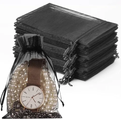 HongyiTime 100 bolsas de organza transparente de alta calidad, color negro, con cordón, para regalos de boda, de 4 x 6 pulgadas, bolsas para