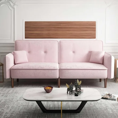 Futón biplaza de 75 pulgadas, sofá cama convertible de terciopelo, moderno con patas de madera, sofá reclinable tapizado plegable, asiento de espuma