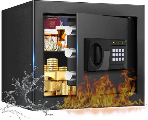 Caja fuerte ignífuga pequeña de 1.3 pies cúbicos para el hogar, caja fuerte contra incendios con teclado digital, llave de repuesto y estante