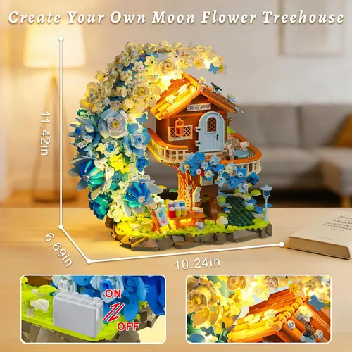 Miniatura 5 de Blue Moon - Juego de construcción de casa de flores con luz, colección botánica, kit de bloques de construcción de casa del árbol, compatible