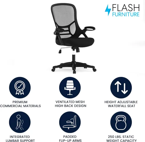 Miniatura 4 de Flash Furniture Porter - Silla de oficina giratoria ergonómica de malla negra con marco negro y brazos abatibles