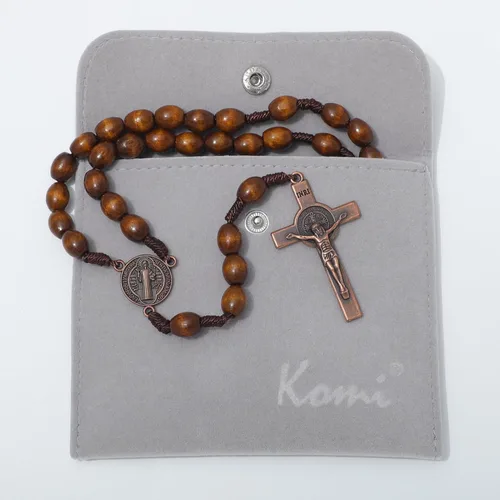 Miniatura 5 de KOMI Rosarios católicos de madera hechos a mano, collar de cuentas de rosario de madera de Belén, medalla de suelo santo y cruz de metal para regalo