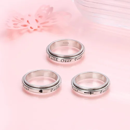 Miniatura 4 de Anillo de plata de ley 925 con texto en inglés God Jewelry grabado con texto en inglés Faith Over Fear Heart Cross, regalo religioso para mujeres