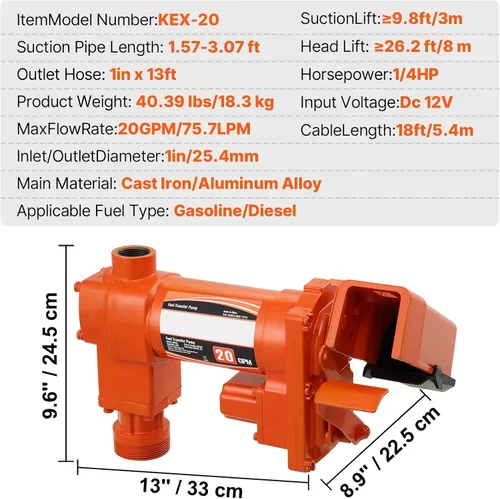 Miniatura 7 de VEVOR Bomba de transferencia de combustible, 12 V CC 20 GPM 1/4 HP, bomba extractora de gasolina con boquilla automática, manguera de descarga