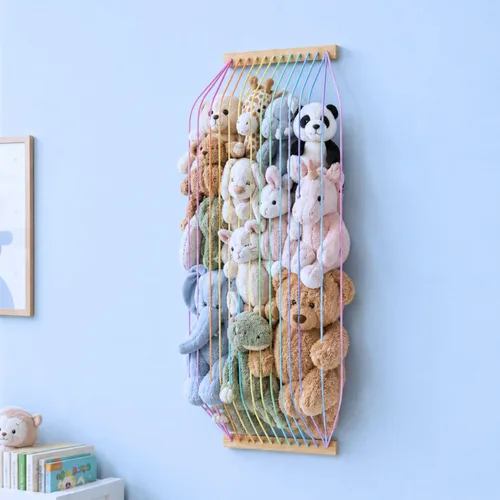 Organizador de juguetes de madera suave para almacenamiento de animales de peluche, bonito y duradero para pared o puerta, longitud ajustable,