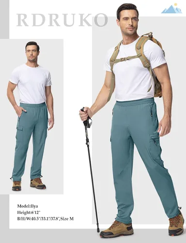Miniatura 7 de Rdruko Pantalones de senderismo para hombre, ligeros, impermeables, de secado rápido, elásticos, con 5 bolsillos, cintura elástica
