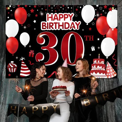 Miniatura 4 de Cartel de feliz cumpleaños 30 para patio, pancarta de feliz cumpleaños 30 en negro y rojo, decoración para mujeres y hombres, fondo grande de 30