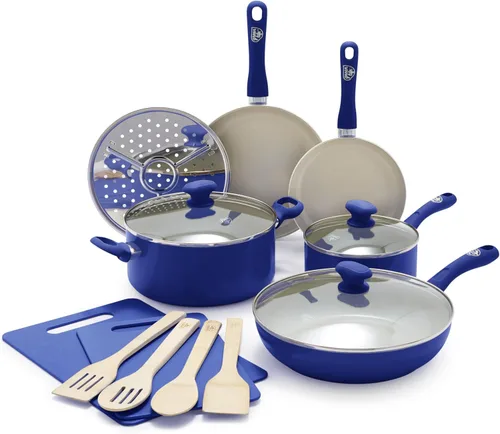 GreenLife Sandstone Healthy Ceramic Antiadherente, juego de ollas de cocina y sartenes para freír, sin PFAS, apto para lavavajillas, azul