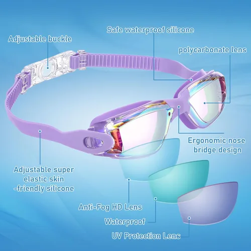Miniatura 3 de Konohan Paquete de 10 gafas de natación a granel para niños y adultos, gafas de piscina antivaho de silicona sin fugas, gafas de natación