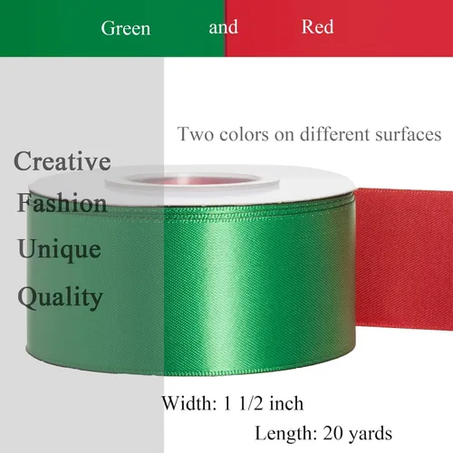 Miniatura 5 de YASEO Cinta de dos tonos de doble cara, 20 yardas y 1 1/2 pulgadas, cinta de satén verde y rojo de doble cara para Navidad, boda, cumpleaños