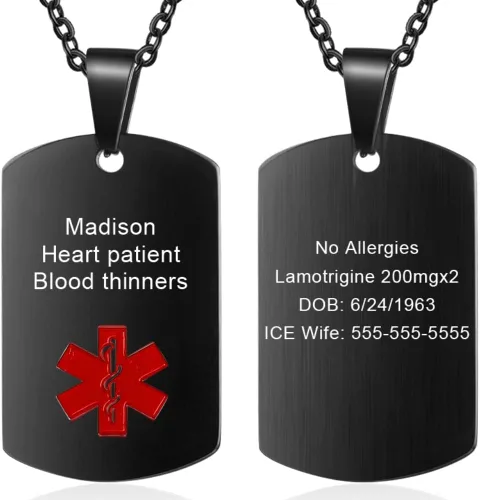 Stainless Steel Custom Medical Alert Necklace for Men & Women – Engraved Emergency Medical ID Tag for Him and Her, Life-Saving Med Alert Jewelry for