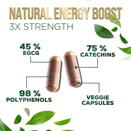 Miniatura 3 de Extracto de té verde 98% EGCG estandarizado – 3 veces de fuerza para energía natural – Auxiliar cardíaco con polifenoles – cafeína suave, fabricado
