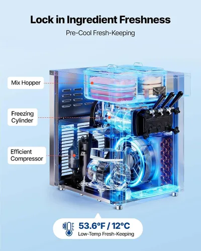 Miniatura 2 de VEVOR Máquina de helados comercial, rendimiento de 20-28 L/H, 2200 W 3 sabores para encimera de helado suave con 2 tolvas de 6 L y agitación