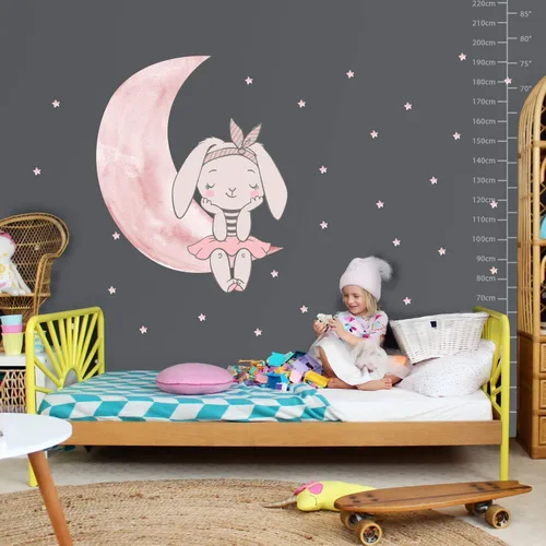 Miniatura 5 de Calcomanía de pared con diseño de conejo rosa, diseño de luna, estrellas pequeñas, para despegar y pegar, lindas calcomanías de conejito para niñas