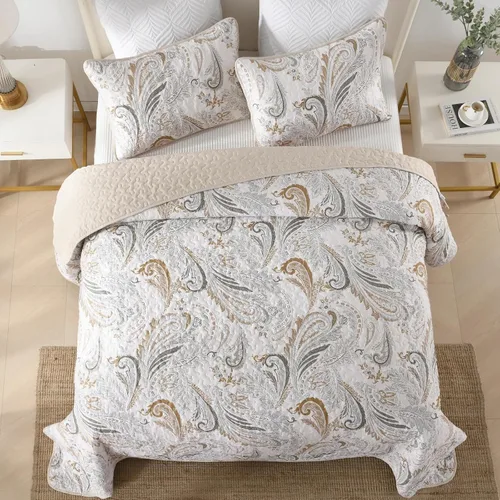 Miniatura 3 de WONGS BEDDING Juego de edredón bohemio tamaño Queen, juego de colcha y cubrecama con estampado floral paisley beige con 2 fundas de almohada, juego