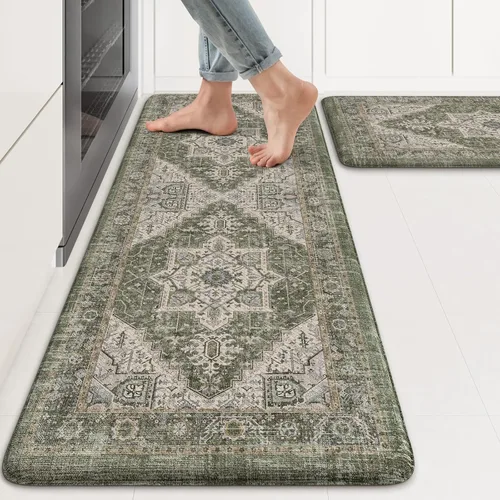 Miniatura 94 de KIMODE - Juego de 2 tapetes de cocina bohemios, antifatiga, antideslizantes, impermeables, ergonómicos, acolchados, cómodos, para lavandería, Caqui