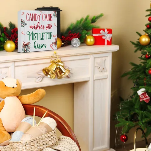 Miniatura 6 de Divertida decoración de Navidad, decoraciones navideñas para interiores, deseos de bastón de caramelo y besos de muérdago, letrero de madera rústico