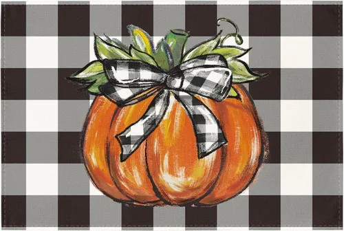 Miniatura 10 de Artoid Mode Juego de 4 manteles individuales de otoño con diseño de calabaza a cuadros de búfalo de 12 x 18 pulgadas para decoración de fiestas