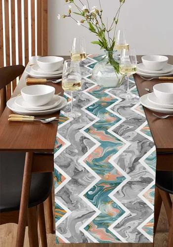 Miniatura 4 de Zigzi - Bufandas de mesa azules, textura de mármol a rayas grises de Zigzi, camino de mesa de comedor, decoración de mesa rectangular lavable