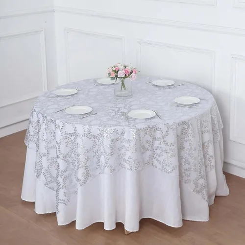 Miniatura 3 de Efavormart - Superposición de mesa de tul bordado de hojas de lentejuelas plateadas de 72 x 72 pulgadas, mantel cuadrado transparente Plateado