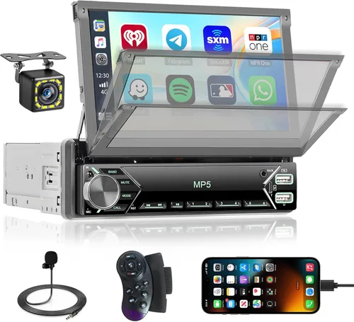 【Radio AM estable】Hikity - Estéreo de automóvil de un solo din de 7'', Carplay Android Auto, radio de automóvil con pantalla táctil abatible de 7