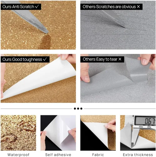Miniatura 3 de FunStick Papel de contacto con purpurina dorada champán de 15.8 x 240 pulgadas, papel tapiz autoadhesivo con purpurina para despegar y pegar, papel