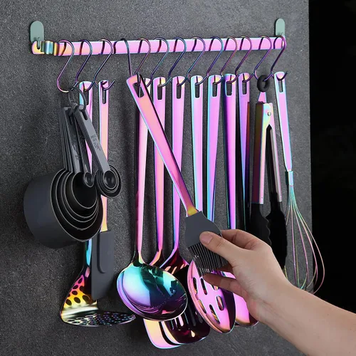 Miniatura 5 de Juego de utensilios de cocina de arco iris, Kyraton de acero inoxidable con 37 piezas, juego de herramientas de cocina con estante de utensilios