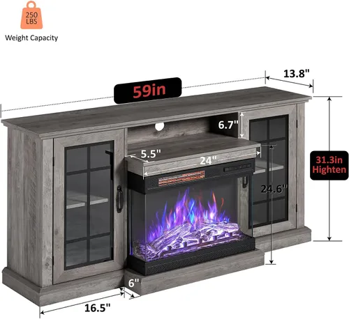 Miniatura 4 de LUXOAK Soporte de TV para Chimenea con Chimenea Eléctrica de Vidrio de 3 Lados, Centro de Entretenimiento Multimedia de 59" con Gabinete de Gris