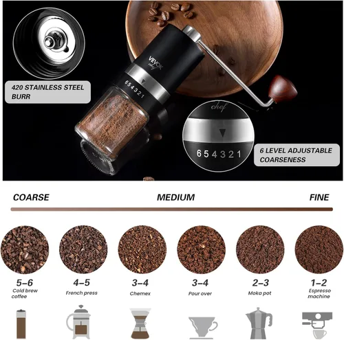 Miniatura 2 de VEVOK CHEF Molinillo de Café Manual Molinillo de Café de Mano 6 Configuraciones Ajustables Externas Acero Inoxidable Rebaba Cónica Molino de Café