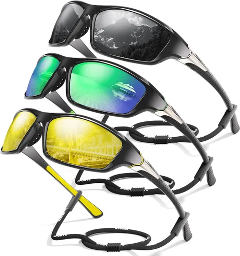 Miniatura 32 de Paquete de 3 lentes de sol deportivos polarizados para hombres, gafas de sol masculinas envolventes con protección UV para ciclismo, pesca